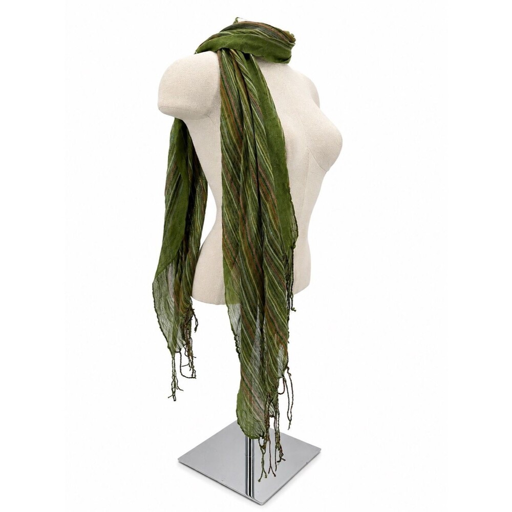 Unbranded Olive Green Crinkle Stripe Fringe Scarf Lightweight Wrap Accessory